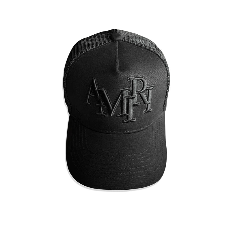 Amiri Staggered Logo Trucker Hat – Snapback Cap | Black & White