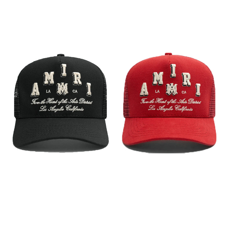 Amiri Varsity Trucker Hat – Breathable Snapback Cap | Black & Red