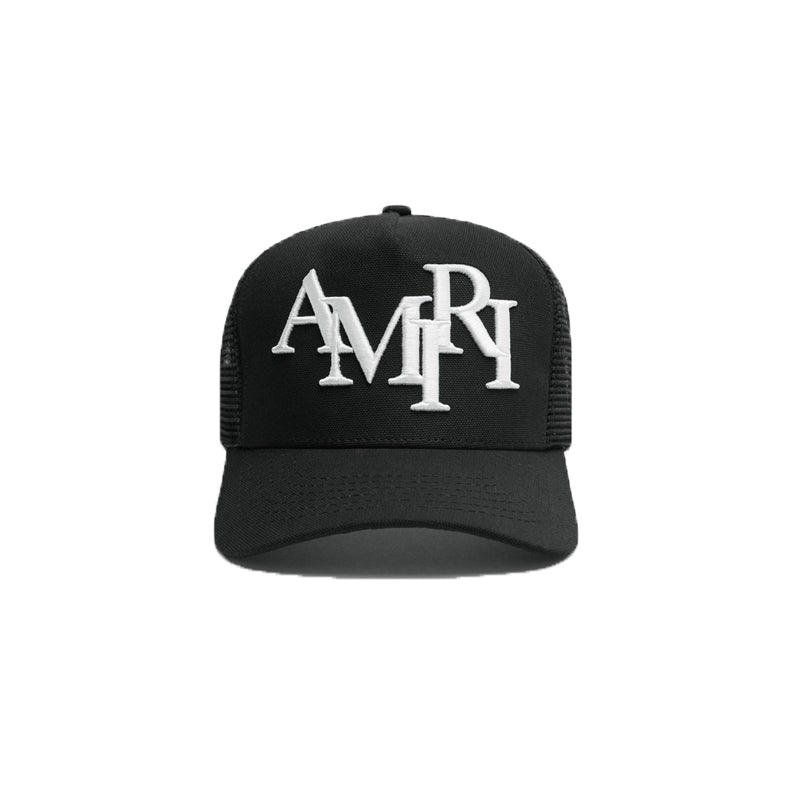 Amiri Staggered Logo Trucker Hat – Snapback Cap | Black & White