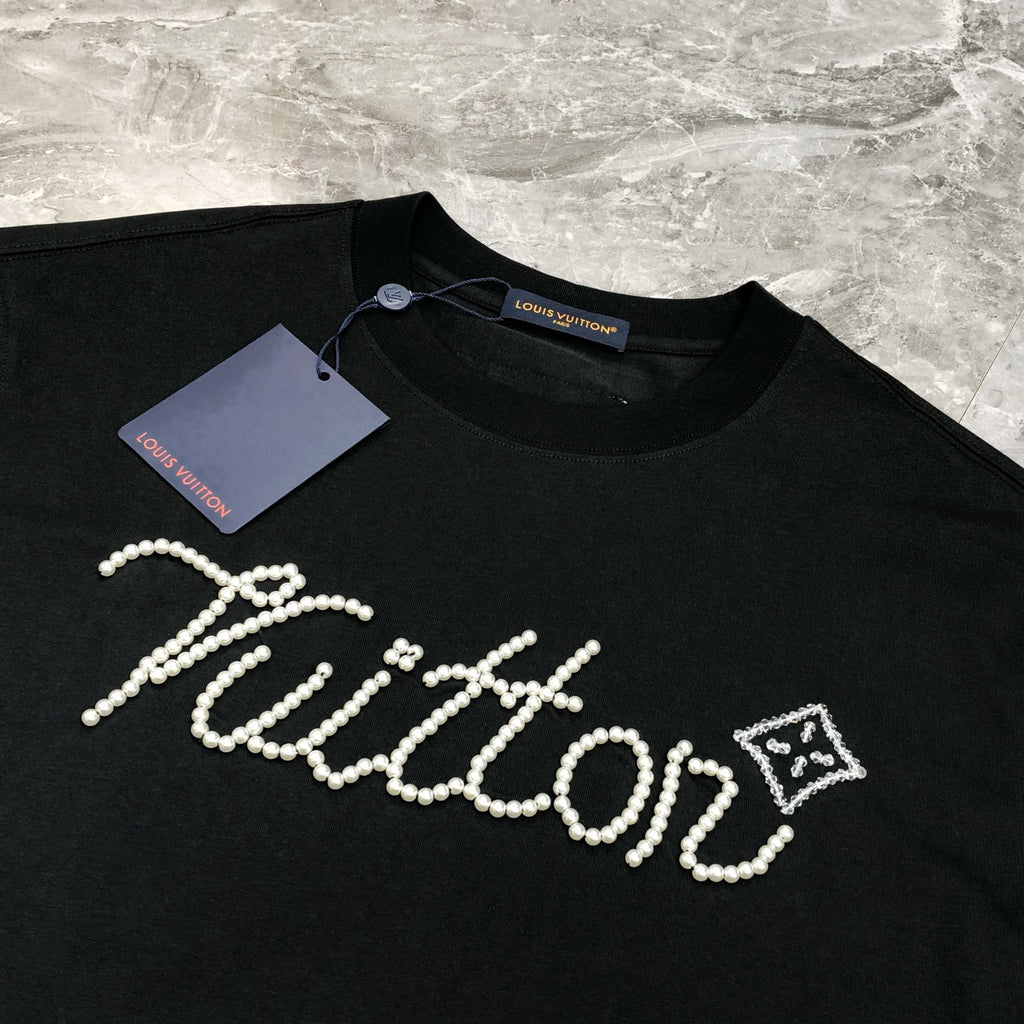 Louis Vuitton Hand-Embellished Pearl & Checkerboard Crewneck T-Shirt