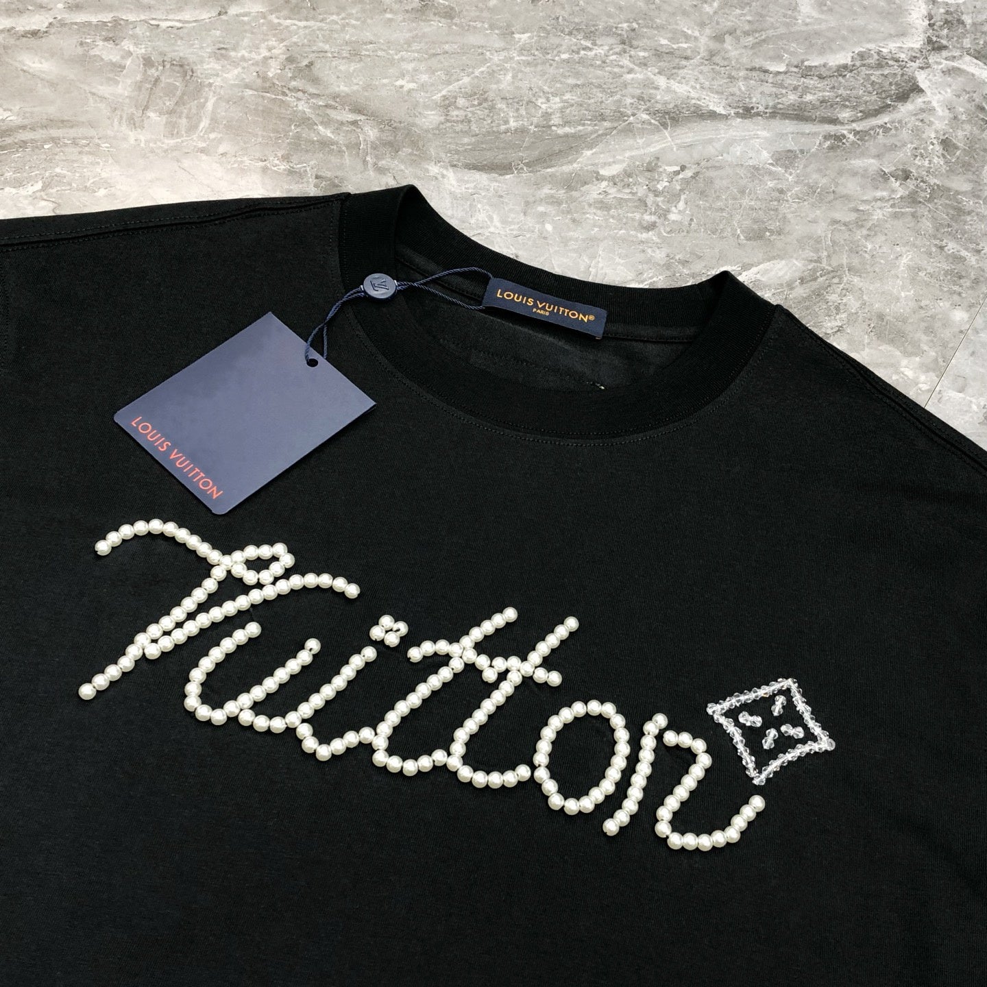 Louis Vuitton Hand-Embellished Pearl & Checkerboard Crewneck T-Shirt