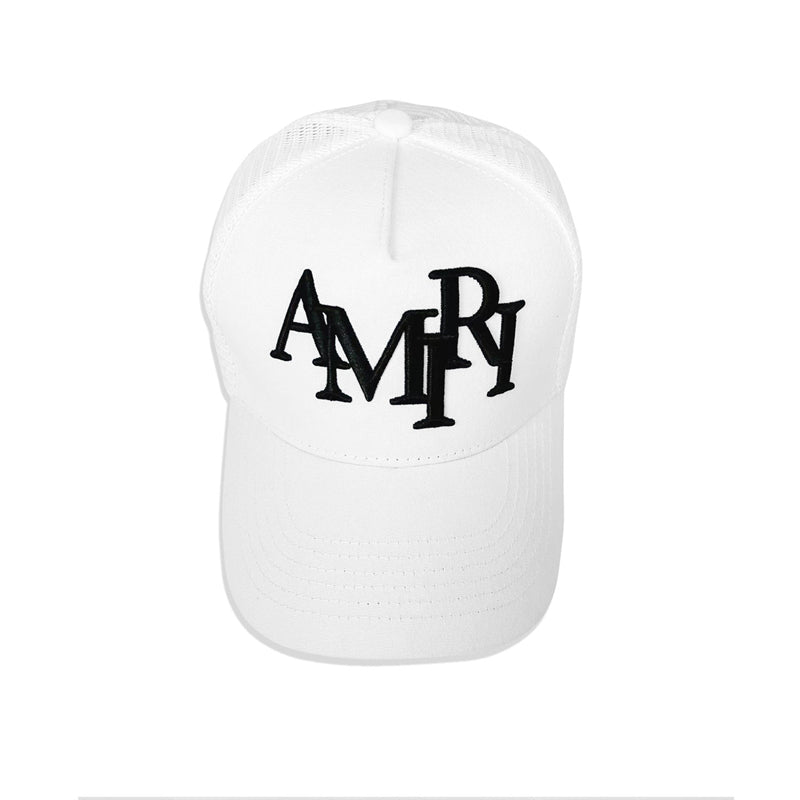 Amiri Staggered Logo Trucker Hat – Snapback Cap | Black & White