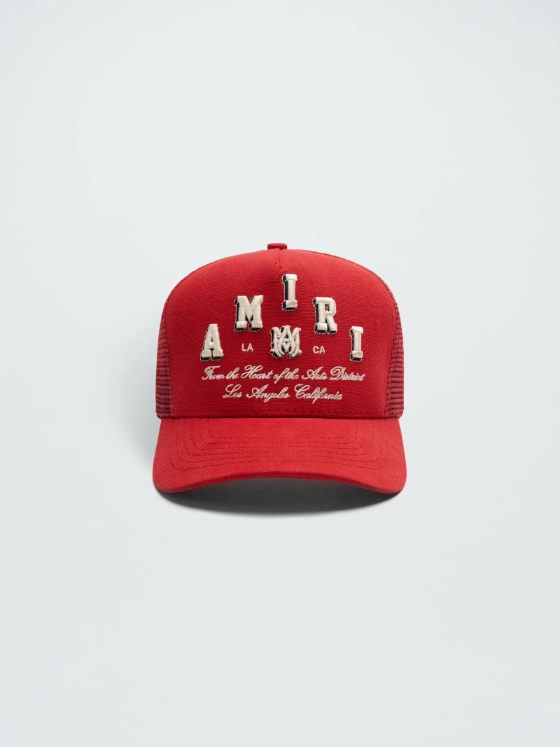 Amiri Varsity Trucker Hat – Breathable Snapback Cap | Black & Red