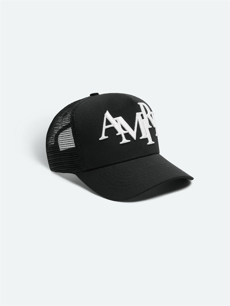 Amiri Staggered Logo Trucker Hat – Snapback Cap | Black & White