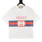 Gucci Blue and Red Stripe Short-Sleeve T-Shirt with Interlocking Logo Print