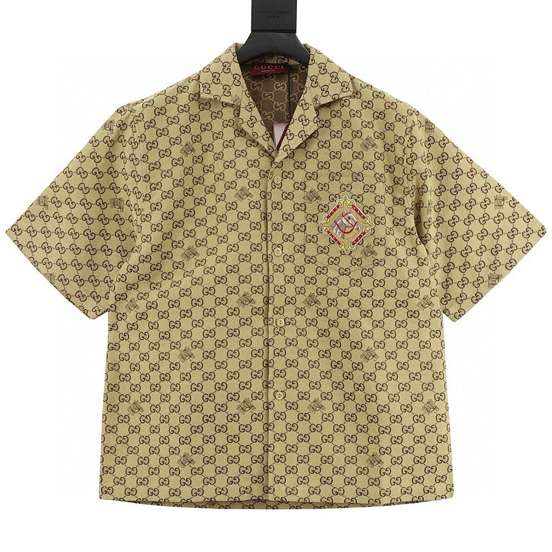 GUCCI Classic GG Monogram Embroidered "Year of the Horse" Badge Cuban Collar Shirt