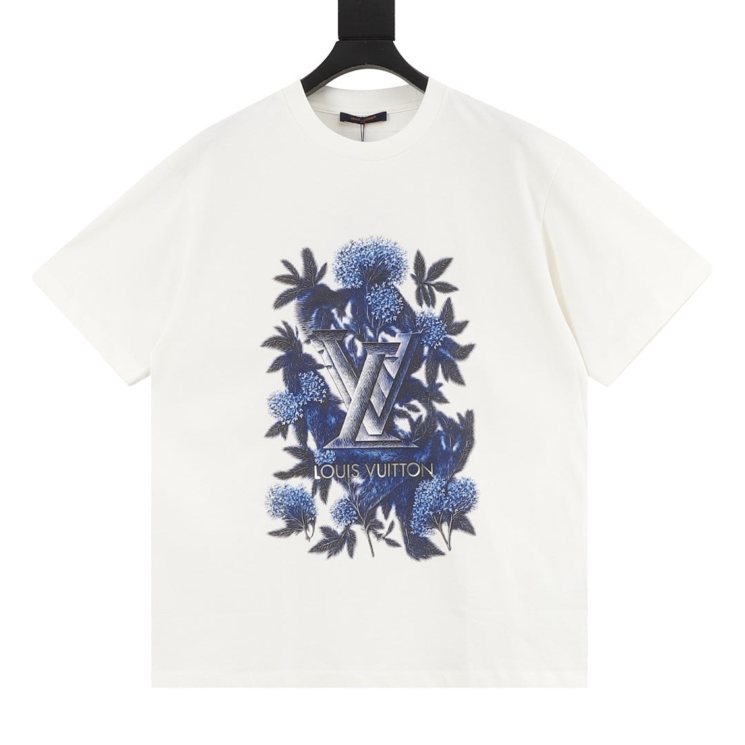 Louis Vuitton Short-Sleeve T-Shirt with Ink-Wash Blue Floral Print and 3D Logo