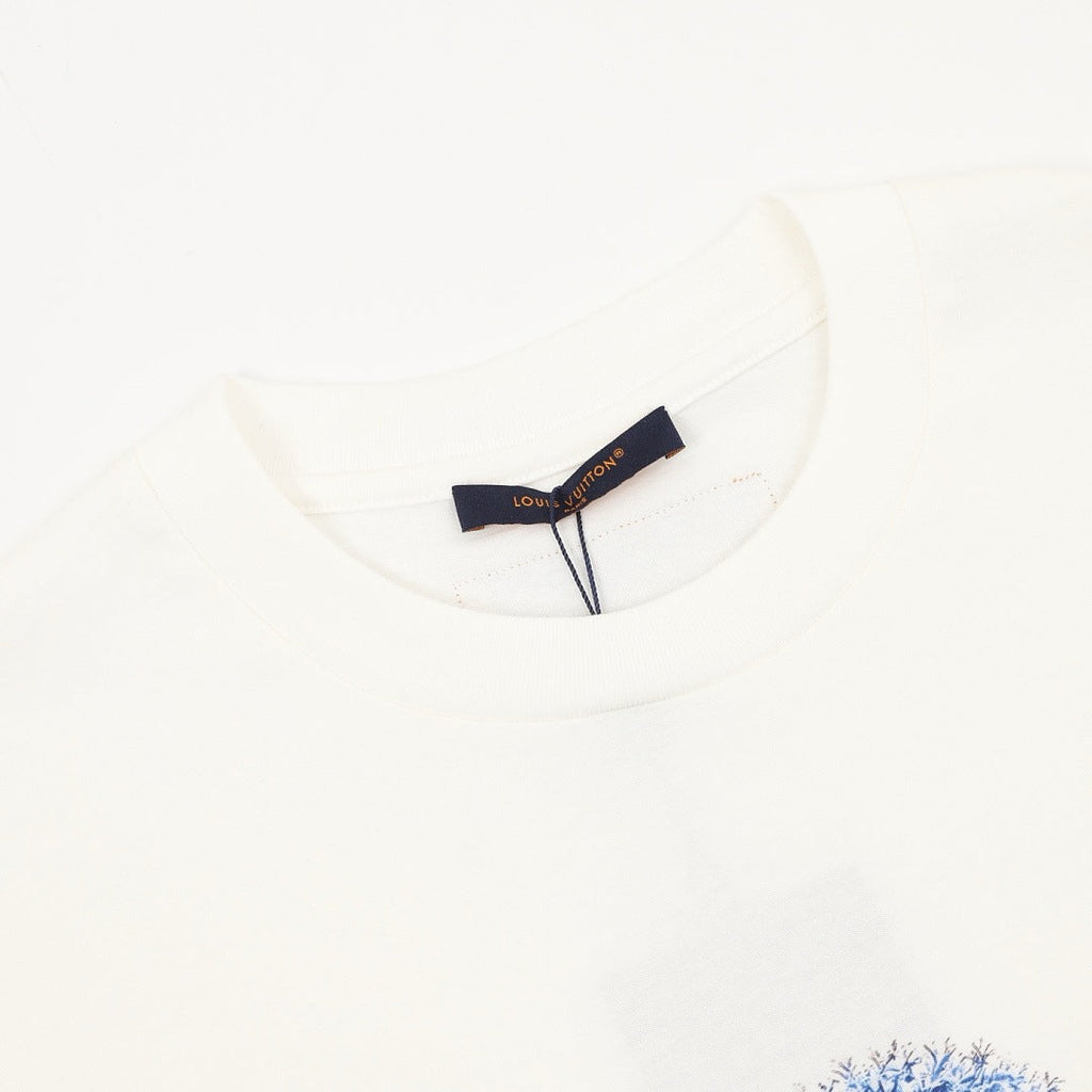 Louis Vuitton Short-Sleeve T-Shirt with Ink-Wash Blue Floral Print and 3D Logo