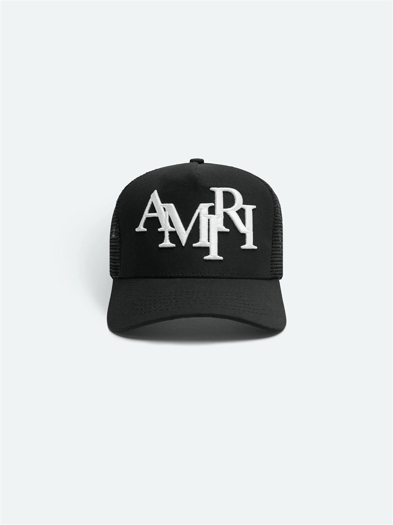 Amiri Staggered Logo Trucker Hat – Snapback Cap | Black & White