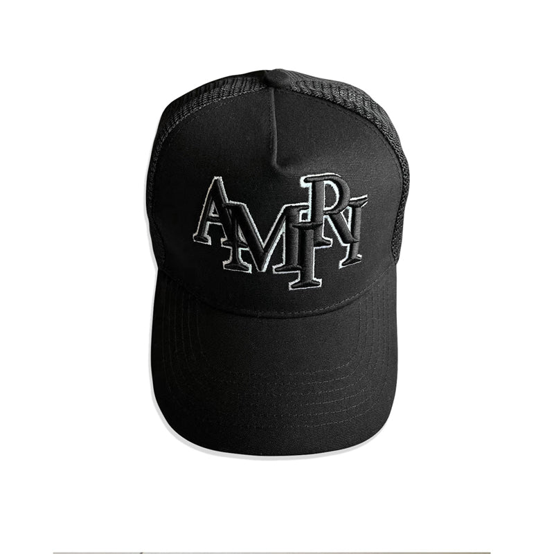 Amiri Staggered Logo Trucker Hat – Snapback Cap | Black & White