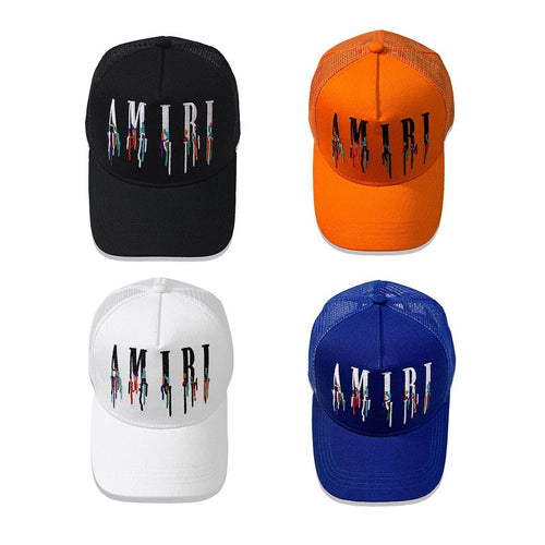 Amiri Color Pop Mesh Cap – Snapback Trucker Hat | Black, White, Orange & Blue